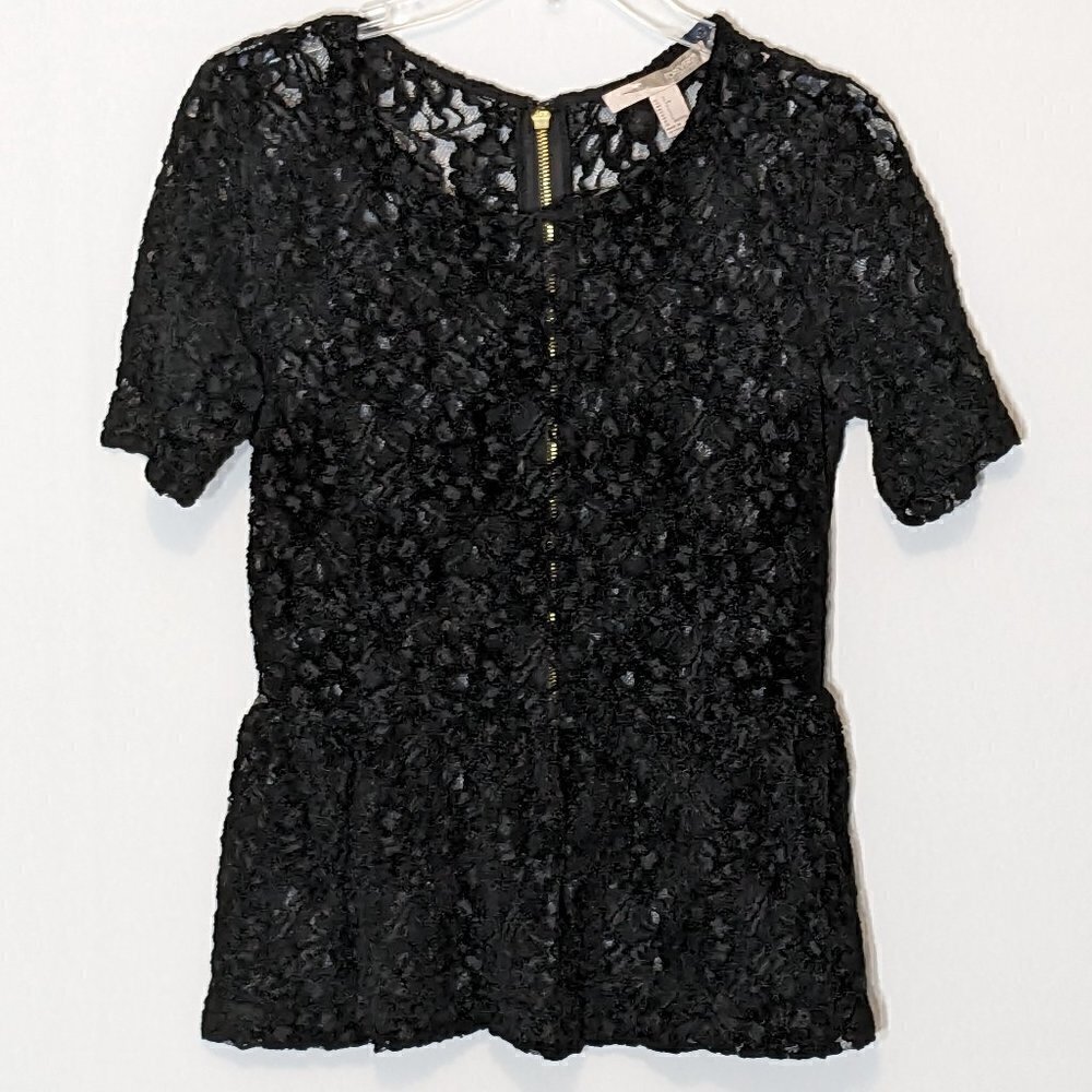 Forever 21 Sheer Black Lace Tunic Top; Short Sleeves; Bottom Ruffle; Size Small